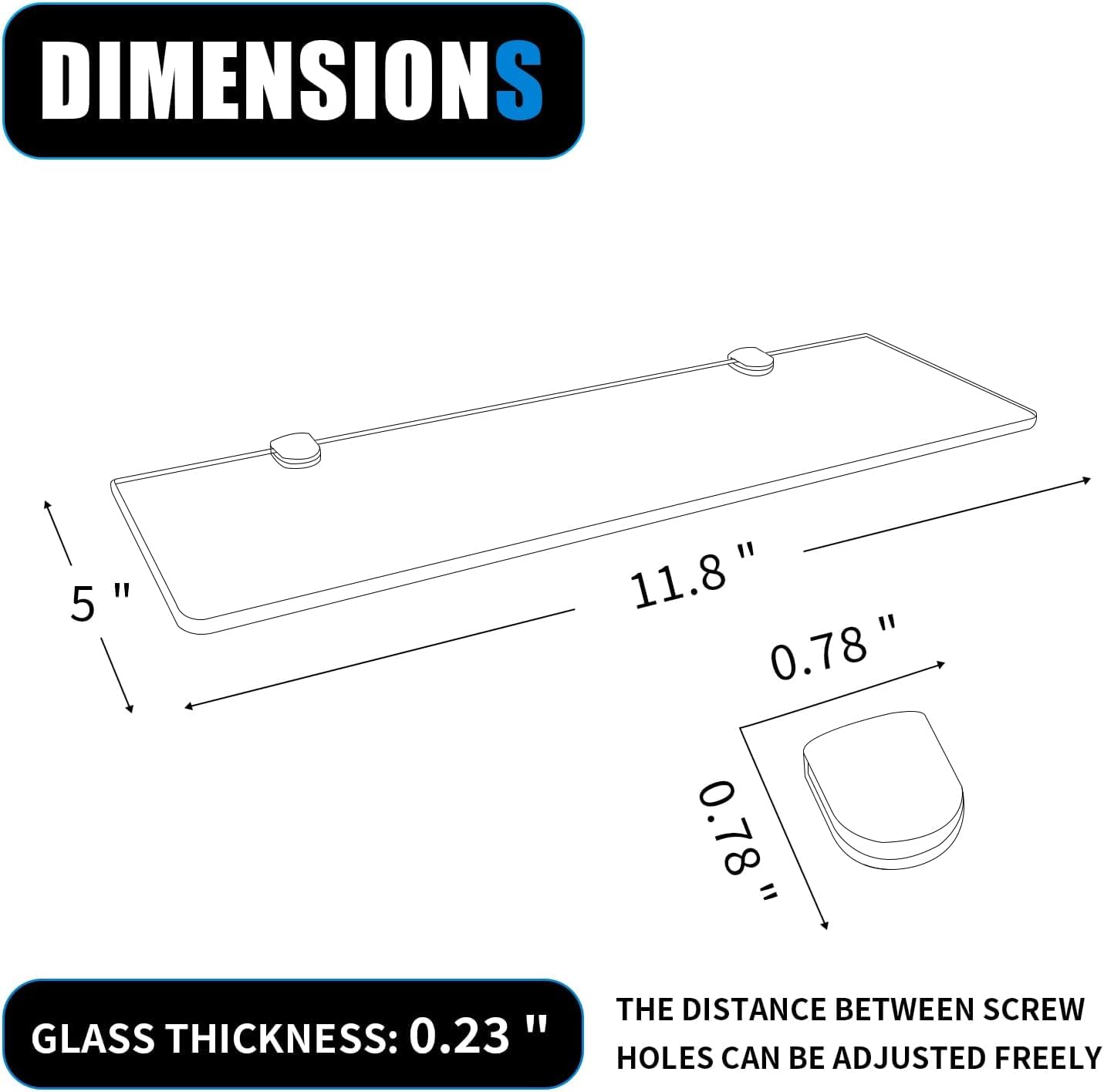 23.6" Wx 5.12" D x 0.24" H - 2 PCS Floating Shelves for Wall, Tempered Glass Shelves for Bathroom, Living Room, Bedroom, Office, Toilet, Kitchen Decor