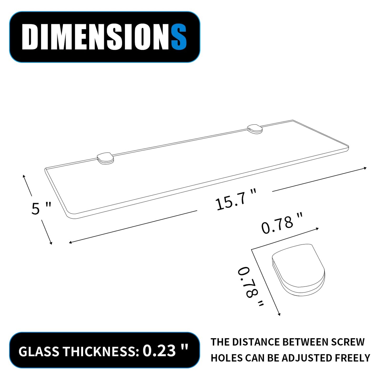 23.6" Wx 5.12" D x 0.24" H - 2 PCS Floating Shelves for Wall, Tempered Glass Shelves for Bathroom, Living Room, Bedroom, Office, Toilet, Kitchen Decor