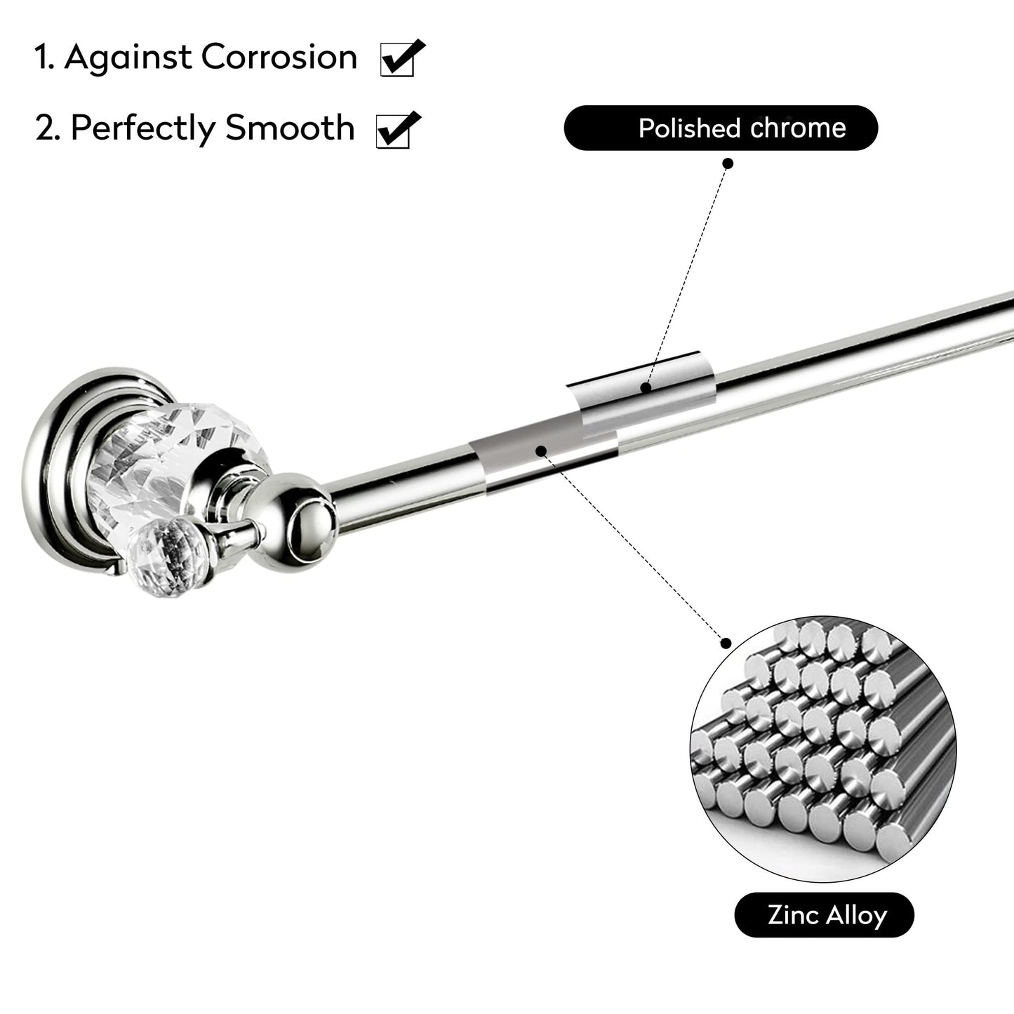 BATHSIR Crystal Towel Bar 24 Inch, Chrome Bathroom Towel Rack, Hand Towel Holder Wall Mounted