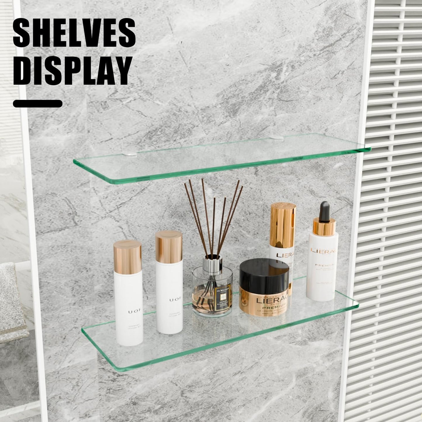 23.6" Wx 5.12" D x 0.24" H - 2 PCS Floating Shelves for Wall, Tempered Glass Shelves for Bathroom, Living Room, Bedroom, Office, Toilet, Kitchen Decor